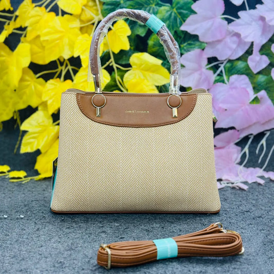 Stylish Beige & Tan Handbag by CHRISTINA QUILK – Elegant Herringbone Design
