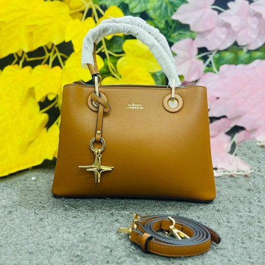Classic Tan Faux Leather Handbag with Gold Star Charm – Elegant Everyday Style