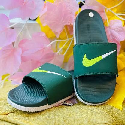 Nike Men’s Comfort Slide Sandals – Dark Green with Neon Swoosh