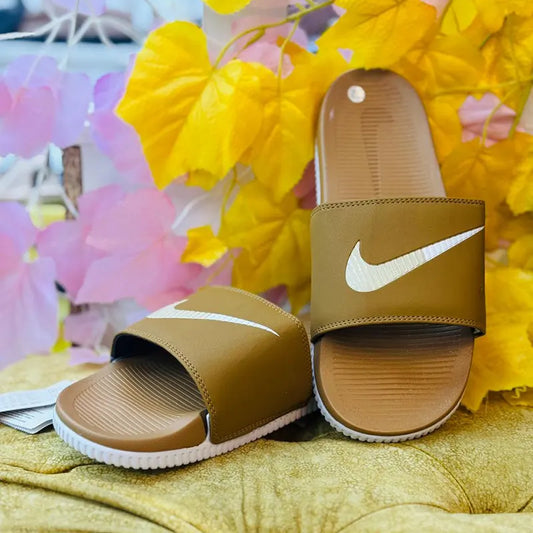 Nike Men’s Comfort Slide Sandals – Brown with White Swoosh